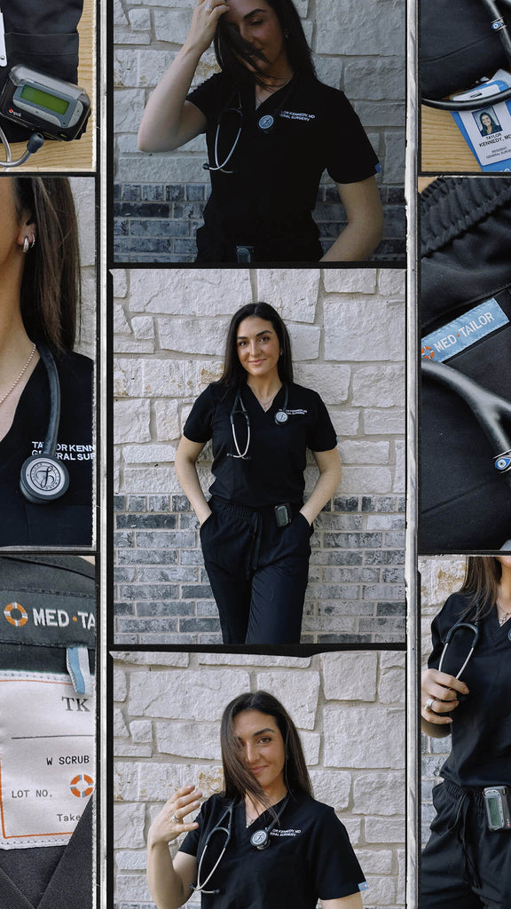 Collage photo of a woman who works in healthcare. She is wearing Jet Black custom scrubs from MedTailor 