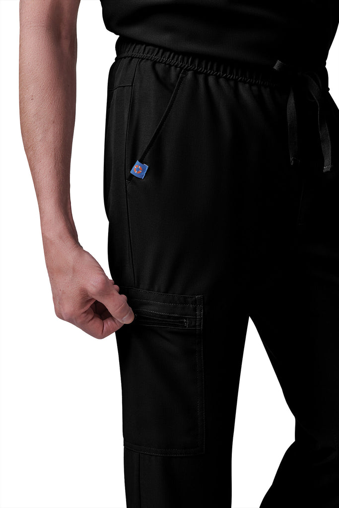 Man wearing MedTailor men's scrub pants in Jet Black color fabric